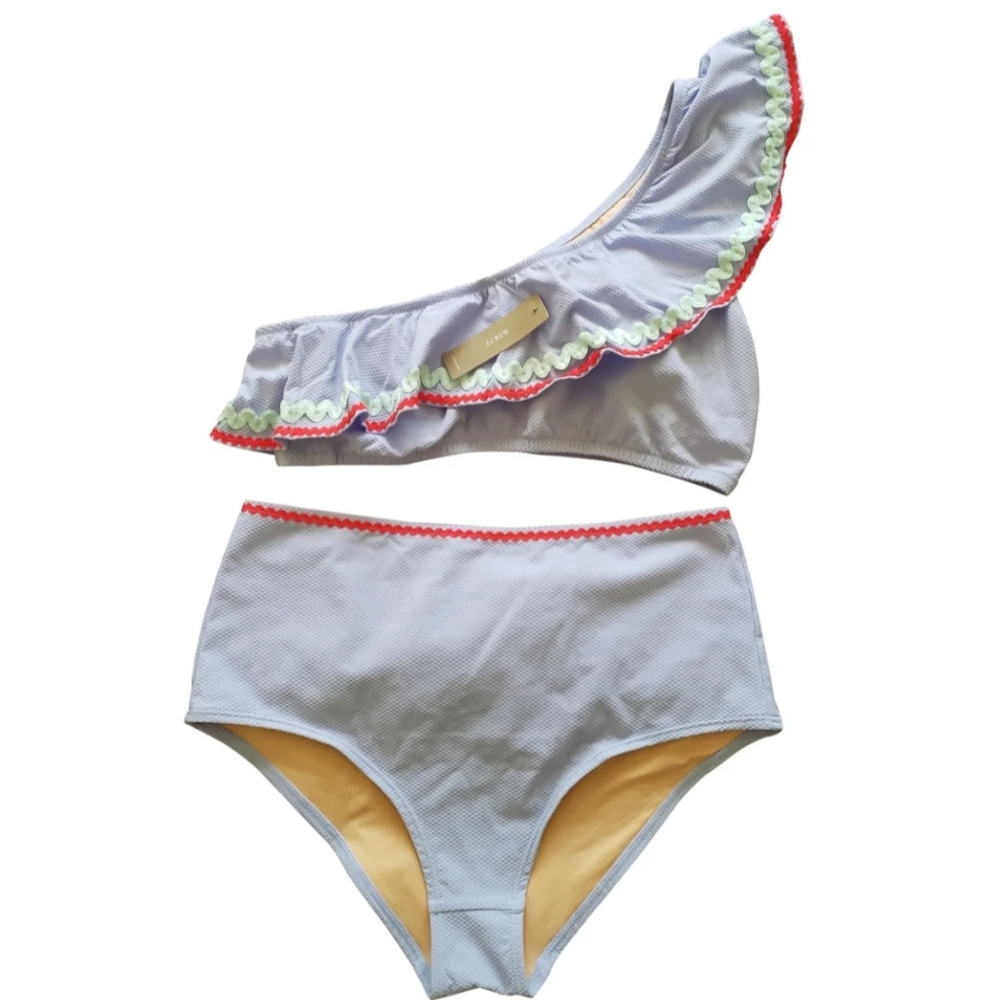 J. Crew Light Blue One-Shoulder Ruffle Bikini with Yellow Lining and Coral Trim